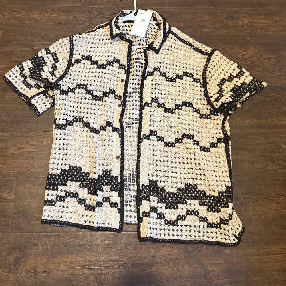 New Zara CROCHET KNIT BUTTON DOWN SHIRT XL SS24 7200/449 Men's Black White.
